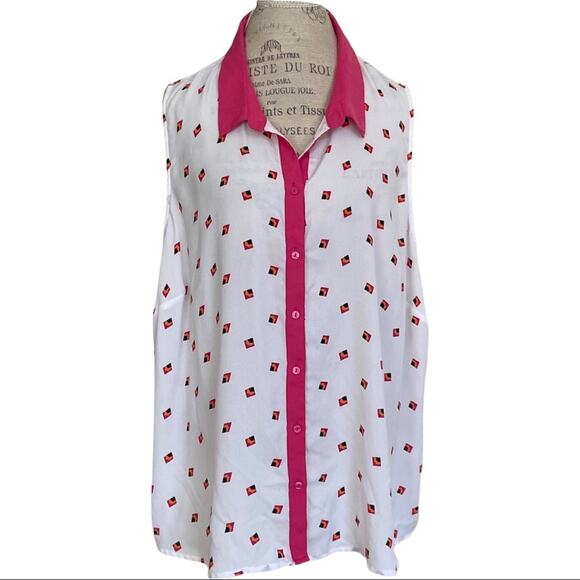 Worthington Women White & Pink Geometric Print Button Up Sleeveless Blouse Sz 3X - Picture 1 of 10